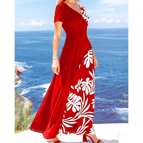 Digital Printing Short Sleeve Long Dress - Red image
