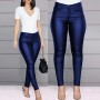 Casual Style High Waist PU Leather Pencil Pants - Blue