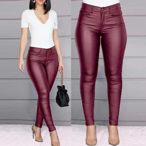 Casual Style High Waist PU Leather Pencil Pants - Red image