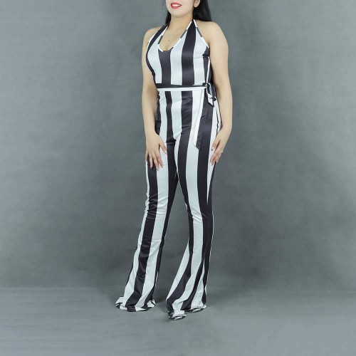 Striped Printed Halter Neck Body Fit Jumpsuit - Black image