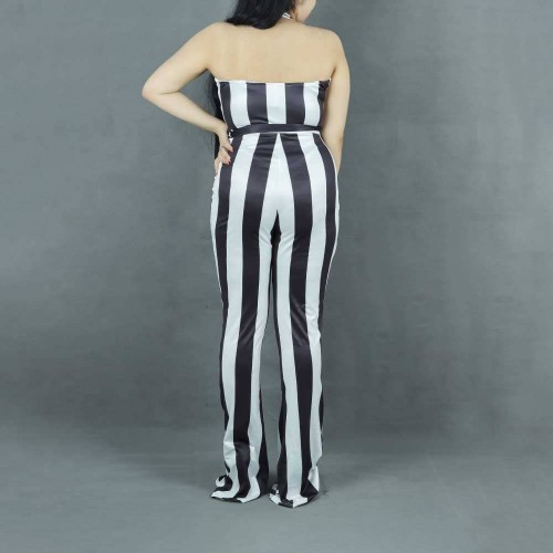 Striped Printed Halter Neck Body Fit Jumpsuit - Black image