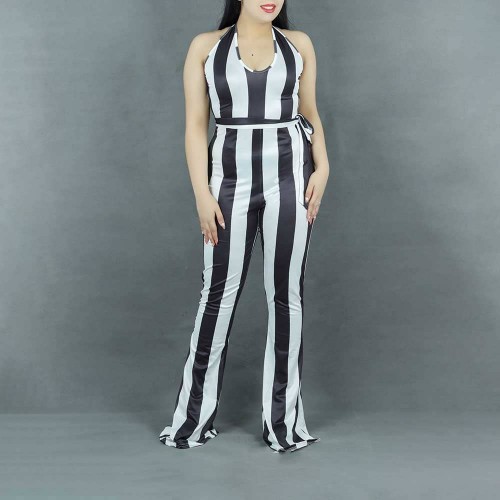 Striped Printed Halter Neck Body Fit Jumpsuit - Black image