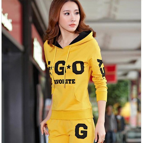 Full Sleeves Hooded Casual Sports Two Piece Trick Suit - Yellow image