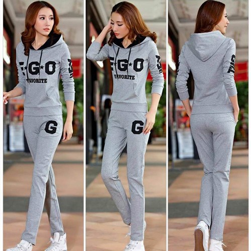 Full Sleeves Hooded Casual Sports Two Piece Trick Suit - Grey image