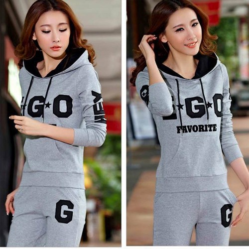 Full Sleeves Hooded Casual Sports Two Piece Trick Suit - Grey image