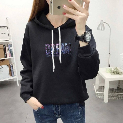 Full Sleeve Printing Winter Trendy Women Hoodie - Black image