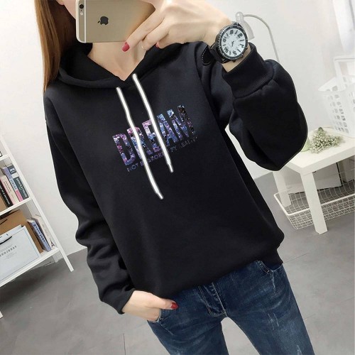 Full Sleeve Printing Winter Trendy Women Hoodie - Black image