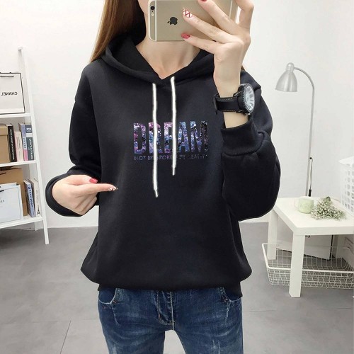 Full Sleeve Printing Winter Trendy Women Hoodie - Black image