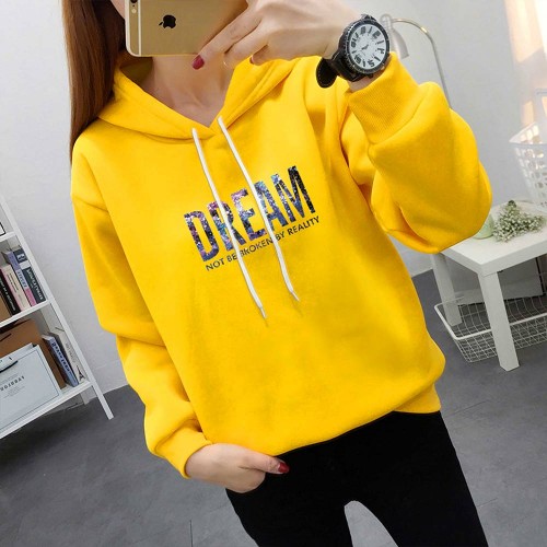 Full Sleeve Printing Winter Trendy Women Hoodie - Yellow image