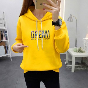 Full Sleeve Printing Winter Trendy Women Hoodie - Yellow