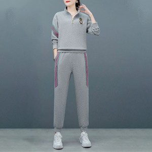 Contrast Stripped Sportswear Loose Two Piece Track Suit - Grey