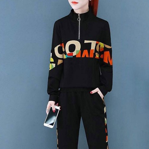 Alphabet Printed Two Piece Women Drawstring Hooded Tracksuit- Black image