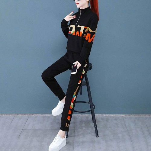 Alphabet Printed Two Piece Women Drawstring Hooded Tracksuit- Black image