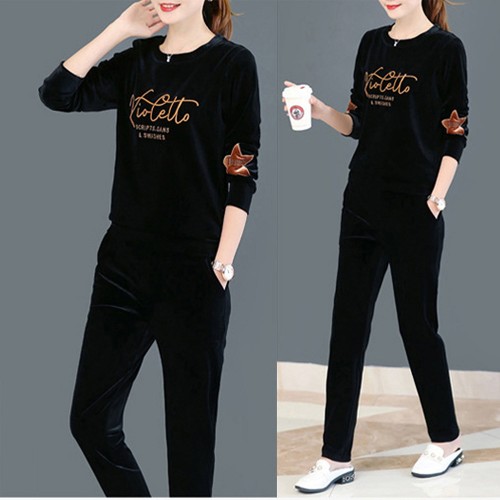 Round Neck Two-Piece Velvet Sportswear Women Tracksuit - Black image