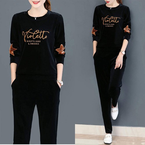 Round Neck Two-Piece Velvet Sportswear Women Tracksuit - Black image