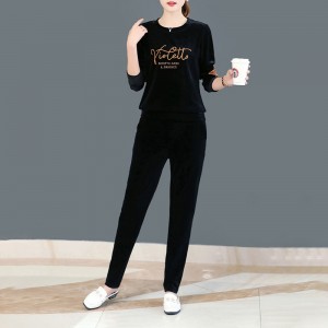 Round Neck Two-Piece Velvet Sportswear Women Tracksuit - Black