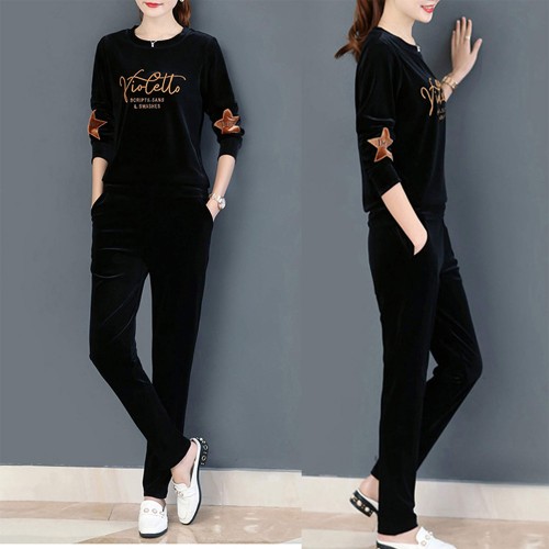 Round Neck Two-Piece Velvet Sportswear Women Tracksuit - Black image