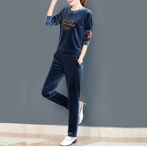 Round Neck Two-Piece Velvet Sportswear Women Tracksuit - Blue image