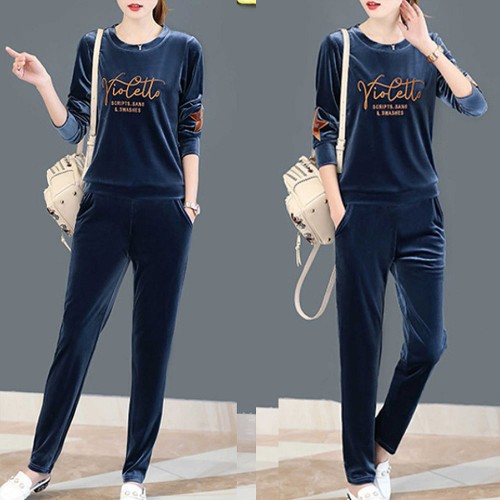 Round Neck Two-Piece Velvet Sportswear Women Tracksuit - Blue image
