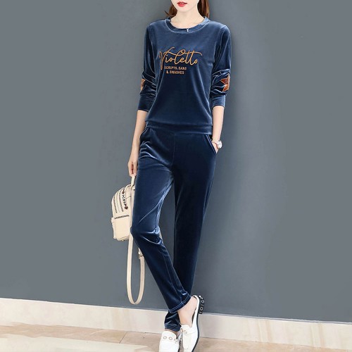 Round Neck Two-Piece Velvet Sportswear Women Tracksuit - Blue image