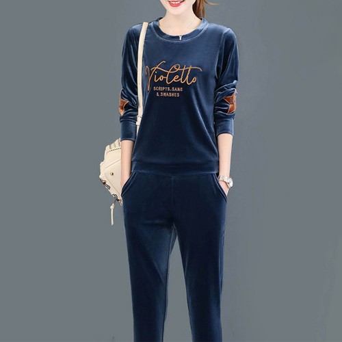 Round Neck Two-Piece Velvet Sportswear Women Tracksuit - Blue image
