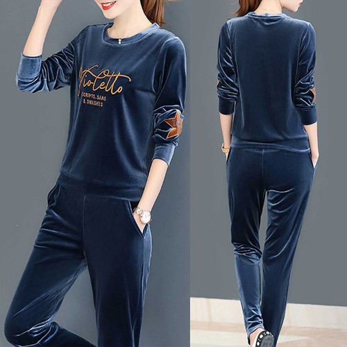 Round Neck Two-Piece Velvet Sportswear Women Tracksuit - Blue image