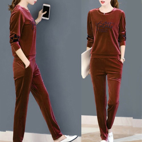 Round Neck Two-Piece Velvet Sportswear Women Tracksuit - Pink image