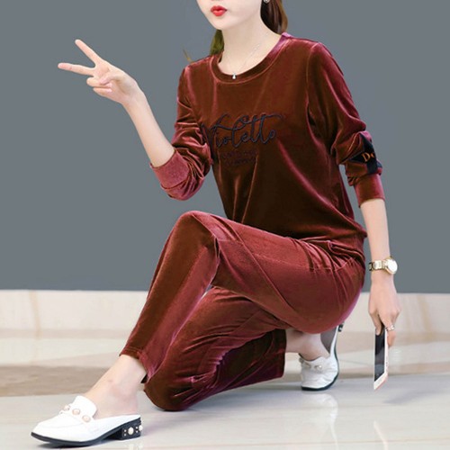 Round Neck Two-Piece Velvet Sportswear Women Tracksuit - Pink image