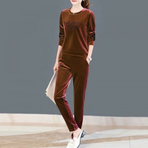 Round Neck Two-Piece Velvet Sportswear Women Tracksuit - Pink