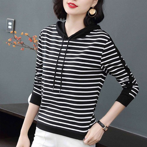 Long-Sleeved Trendy Cotton Fabric Women Hoodie - Black image