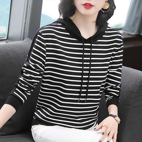 Long-Sleeved Trendy Cotton Fabric Women Hoodie - Black image