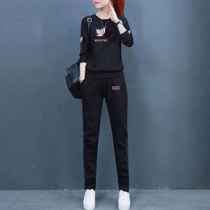 Straight Leg Pants Round Neck Sportswear Tracksuit - Black