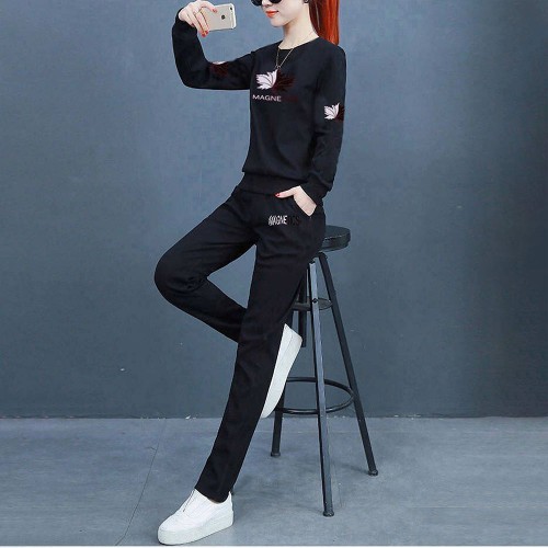 Straight Leg Pants Round Neck Sportswear Tracksuit - Black image