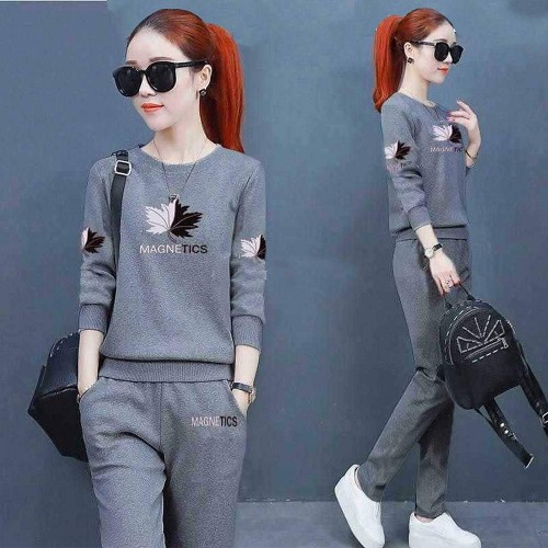 Straight Leg Pants Round Neck Sportswear Tracksuit - Grey image