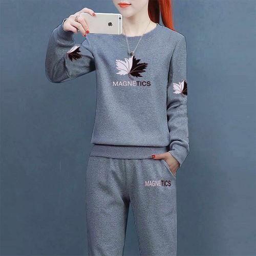Straight Leg Pants Round Neck Sportswear Tracksuit - Grey image