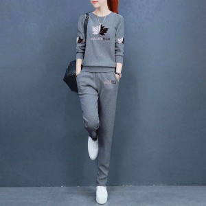 Straight Leg Pants Round Neck Sportswear Tracksuit - Grey