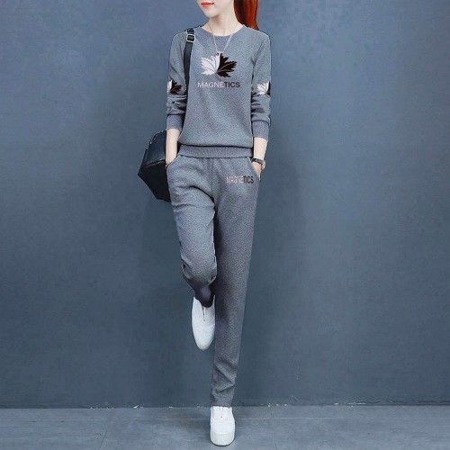 Straight Leg Pants Round Neck Sportswear Tracksuit - Grey image