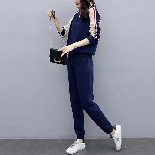 Urban Style Long Sleeve Striped Zippered Women Tracksuit - Blue image