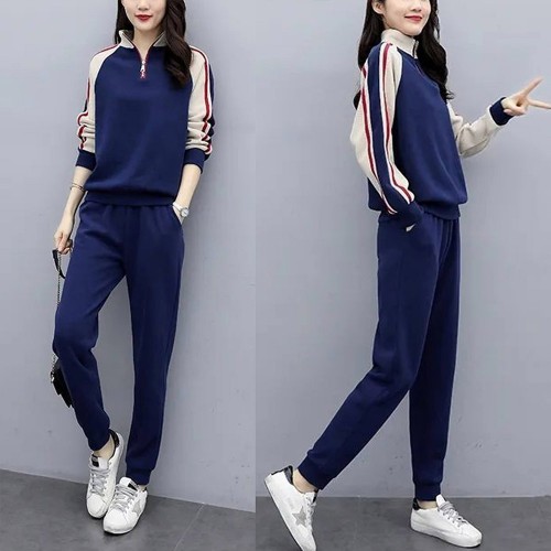 Urban Style Long Sleeve Striped Zippered Women Tracksuit - Blue image