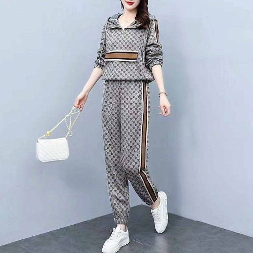 Western Style Sports Long Sleeve Two-Piece Tide Sportswear - Beige image