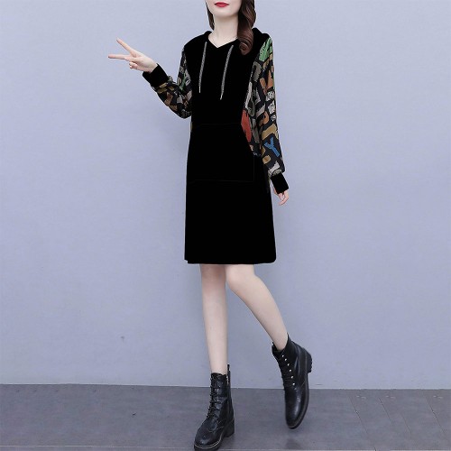 Trendy Long Sleeve Mid-Length Women Hoodie - Black image