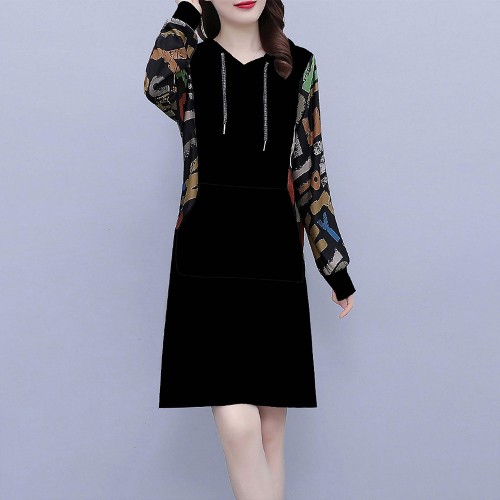 Trendy Long Sleeve Mid-Length Women Hoodie - Black image