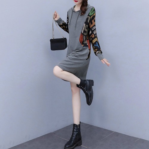 Trendy Long Sleeve Mid-Length Women Hoodie - Grey image