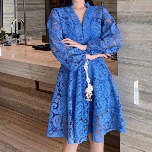 Slim Banquet V Neck Lace Swing Party Dress-Blue image