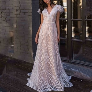 Long Willow Leaf V Neck Style Evening Dress - White