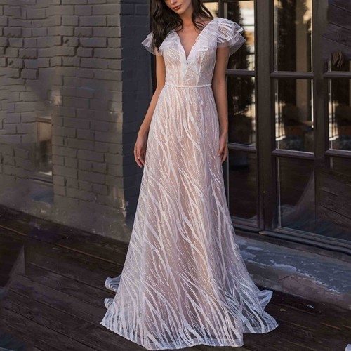 Long Willow Leaf V Neck Style Evening Dress - White image