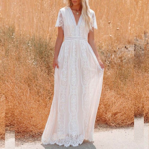 Elegant Style Cross-Border Lace Long Maxi Dress - White image