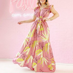 Cross-Border Full Length Sleeveless Bohemian Dress-Pink
