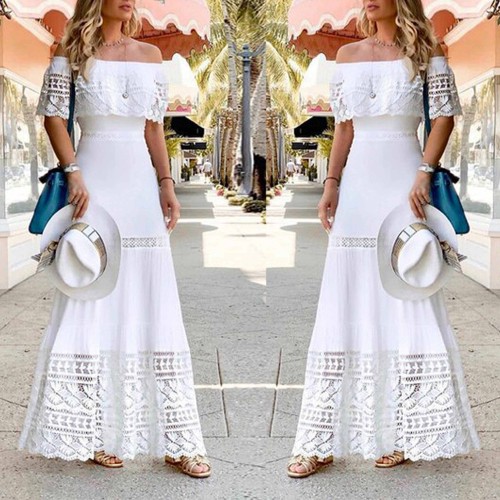 Independent Splicing Hollow Floral Lace Long Dress- White image