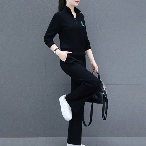 Casual Sportswear Cotton Two Piece Women Tracksuit - Black image